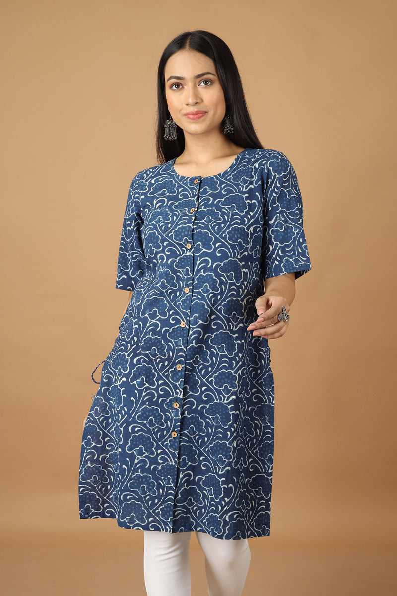 Tamaksh Women's Indigo Cotton Handblock Printed Dabu Kurta