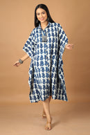 Tamaksh Women's Indigo Cotton Handblock Printed Dabu Kaftan