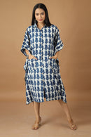 Tamaksh Women's Indigo Cotton Handblock Printed Dabu Kaftan