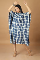 Tamaksh Women's Indigo Cotton Handblock Printed Dabu Kaftan