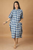 Tamaksh Women's Indigo Cotton Handblock Printed Dabu Kaftan