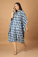 Tamaksh Women's Indigo Cotton Handblock Printed Dabu Kaftan