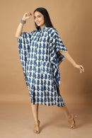 Tamaksh Women's Indigo Cotton Handblock Printed Dabu Kaftan