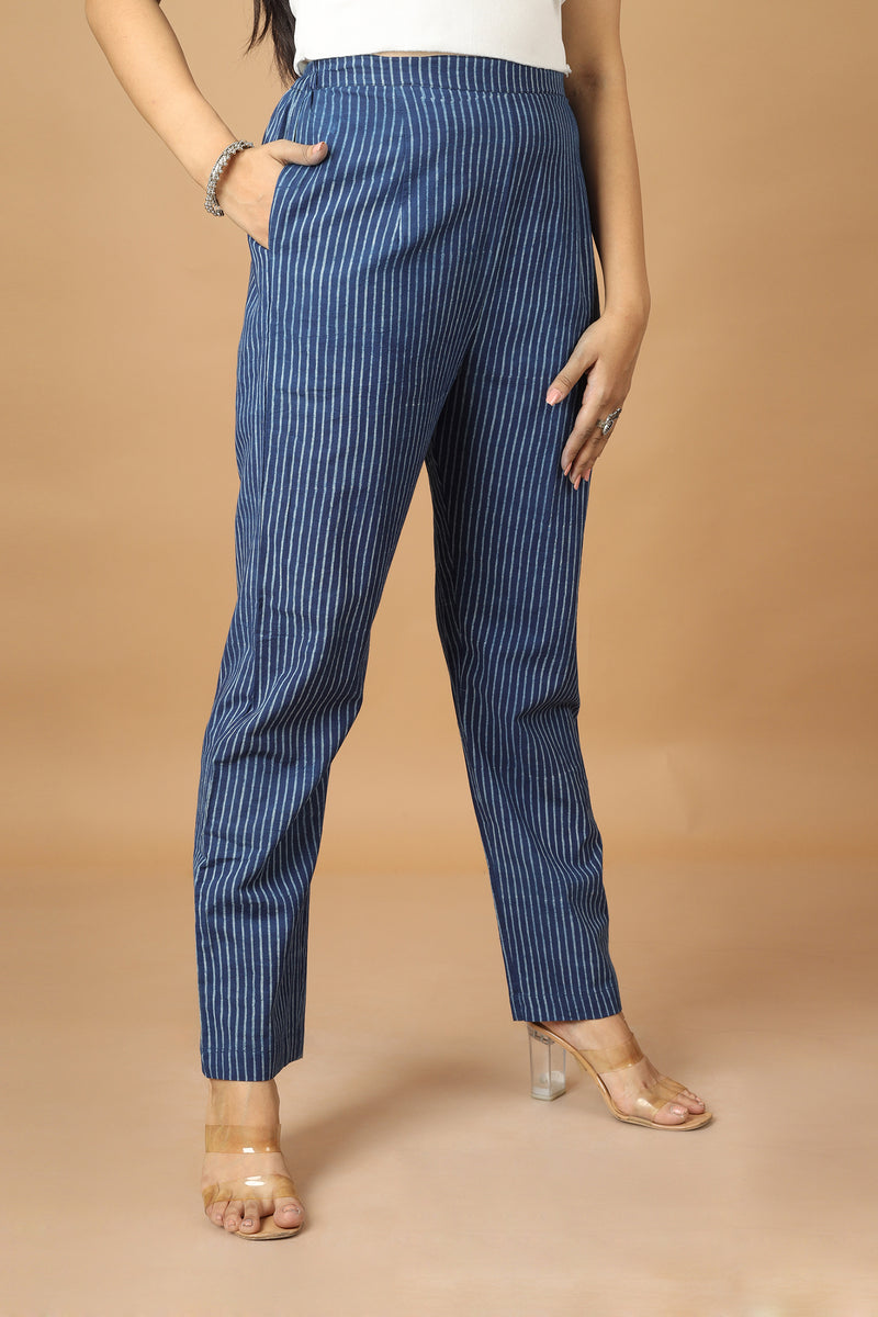 Tamaksh Women's Indigo Cotton Handblock Printed Dabu Pant