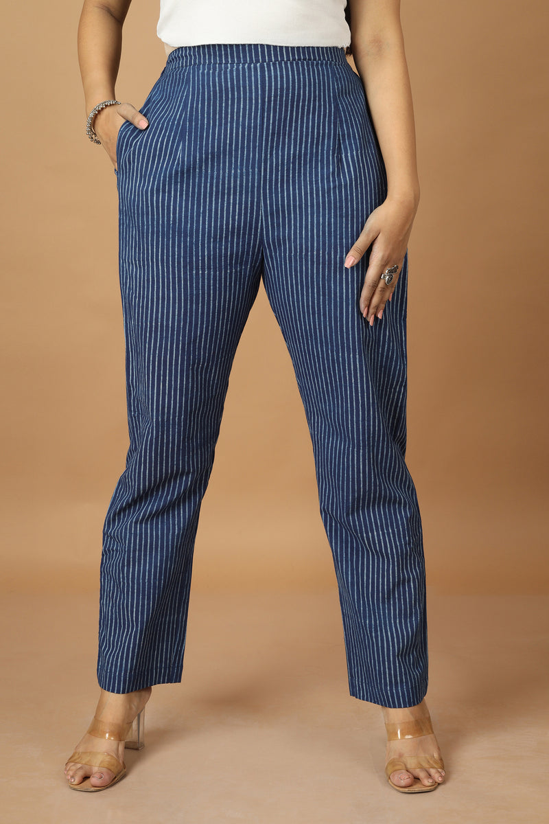 Tamaksh Women's Indigo Cotton Handblock Printed Dabu Pant