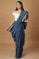 Tamaksh Women's Indigo Cotton Handblock Printed Dabu Saree
