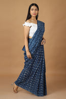 Tamaksh Women's Indigo Cotton Handblock Printed Dabu Saree