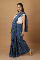 Tamaksh Women's Indigo Cotton Handblock Printed Dabu Saree