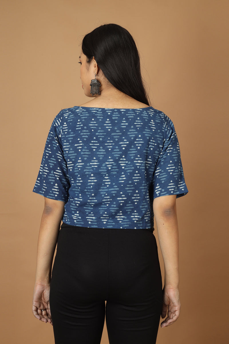 Tamaksh Women's Indigo Cotton Handblock Printed Dabu Top