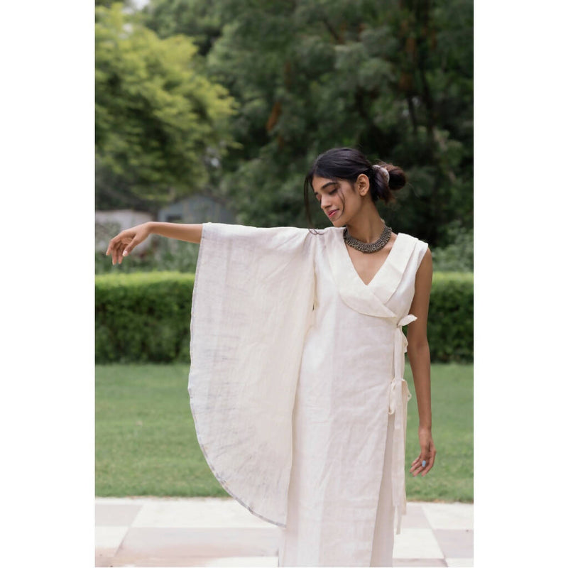 AC By Aratrika Chauhan 100% Organic Handloom Cotton Silver Cream Angarkha Overlap Dress
