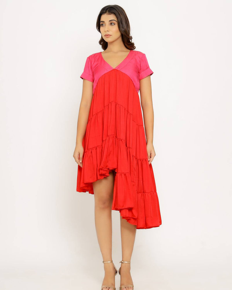 Upcycled Red-Pink Asymmetrical Dress