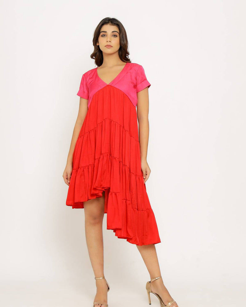 Upcycled Red-Pink Asymmetrical Dress