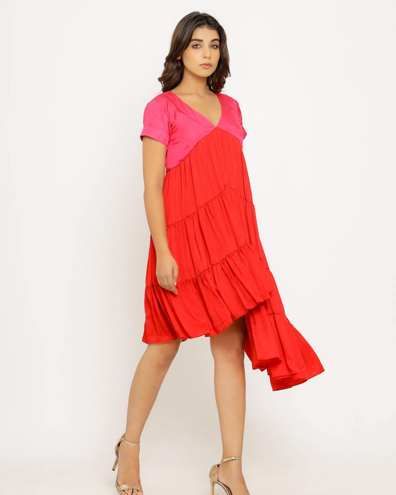 Upcycled Red-Pink Asymmetrical Dress