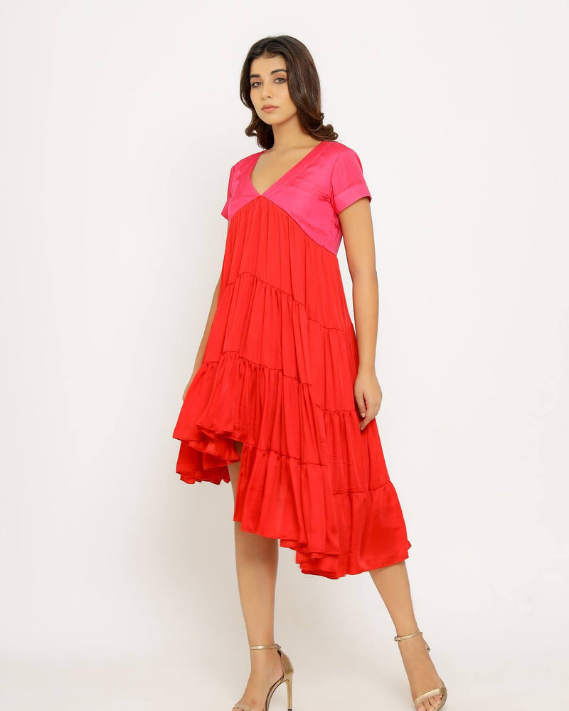 Upcycled Red-Pink Asymmetrical Dress