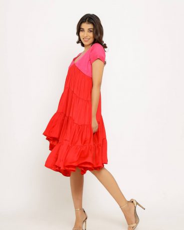 Upcycled Red-Pink Asymmetrical Dress