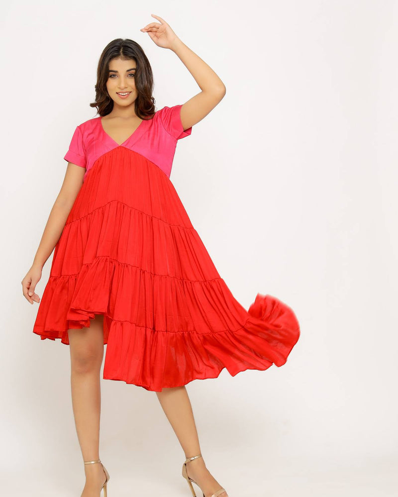 Upcycled Red-Pink Asymmetrical Dress