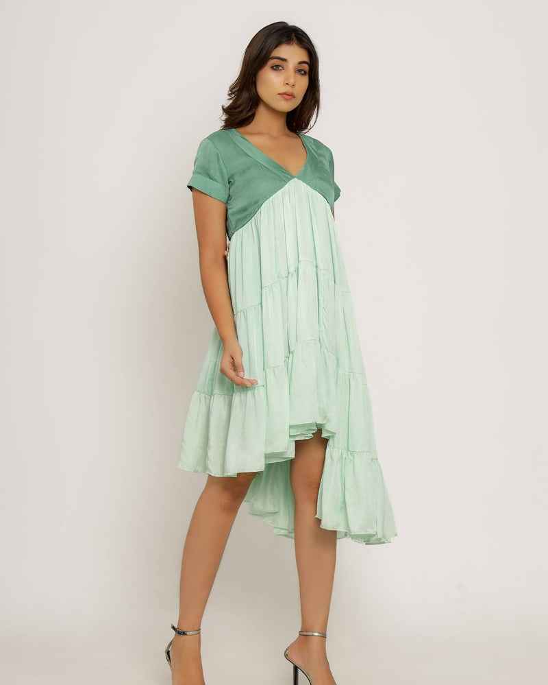 Upcycled Teal-Tea Green Asymmetrical Dress