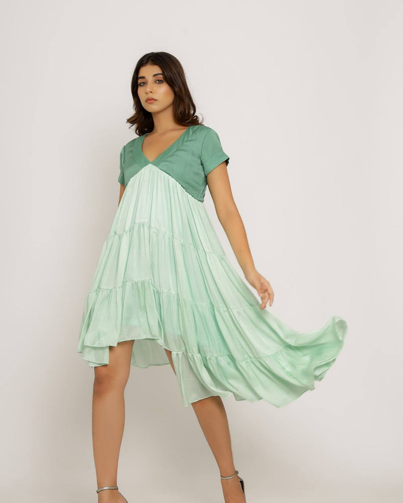 Upcycled Teal-Tea Green Asymmetrical Dress