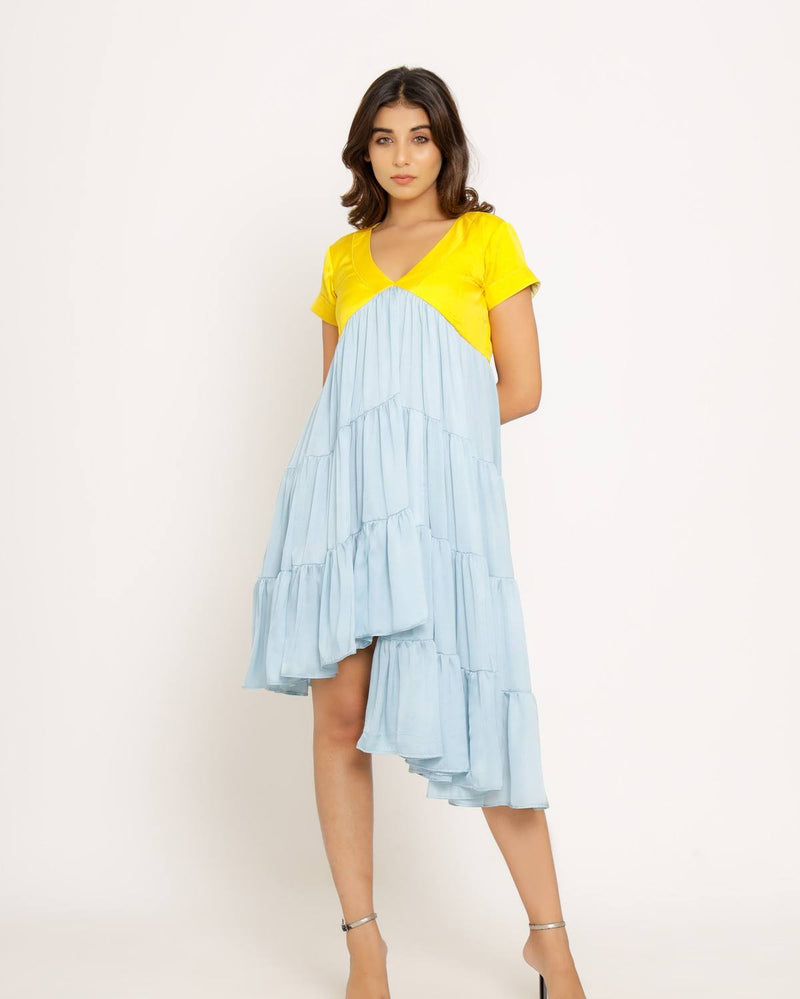 Upcycled Yellow-Ice Blue Asymmetrical Dress