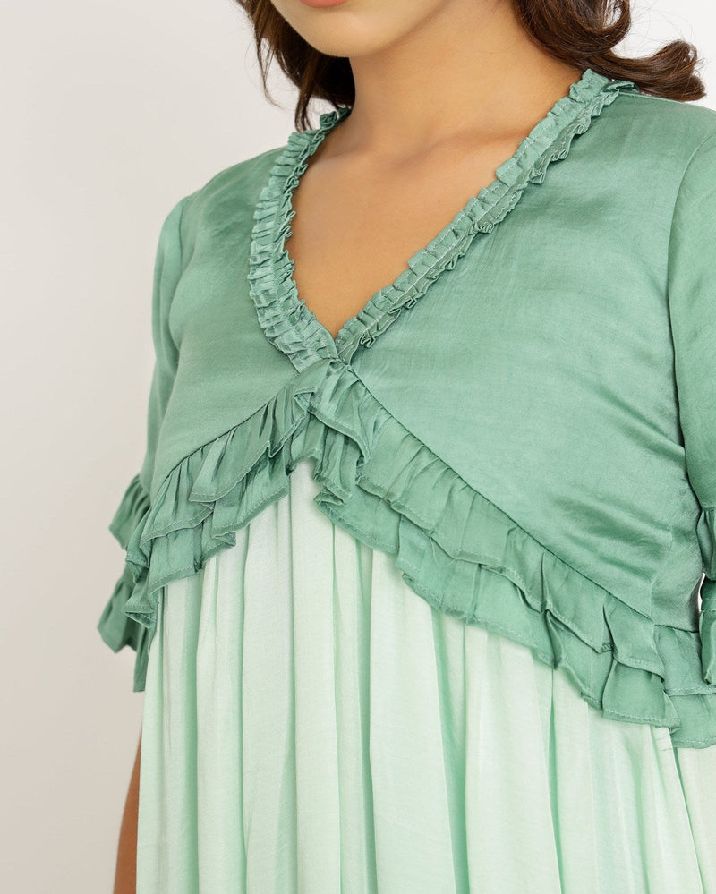 Upcycled Teal-Tea Green Frill Dress