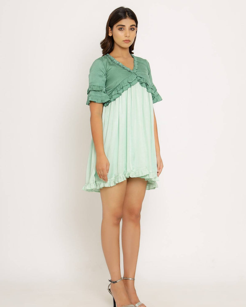 Upcycled Teal-Tea Green Frill Dress