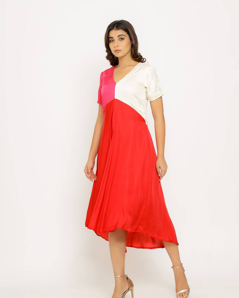 Upcycled Red-Pink Midi Dress