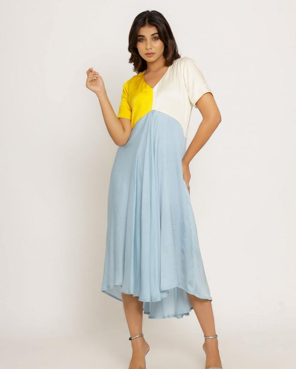 Upcycled Yellow-Ice Blue Midi Dress