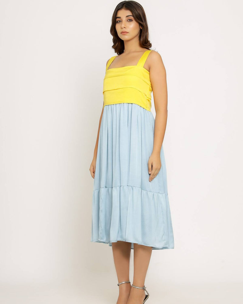 Upcycled Yellow-Ice Blue Midi Dress