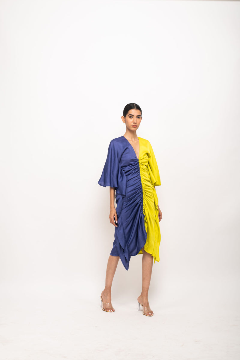 Neora by Nehal Chopra Bemberg Modal Silk Blue-Neon Kaftan Bodycon Dress