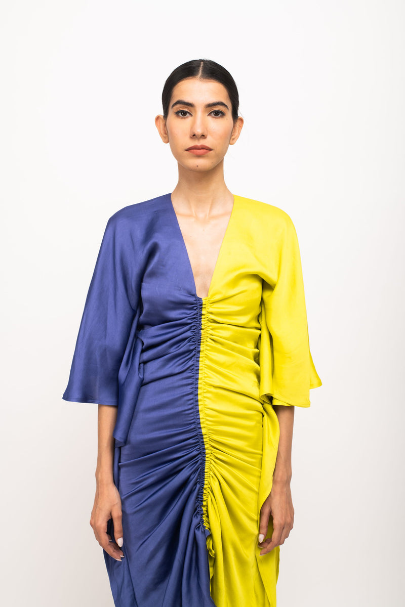 Neora by Nehal Chopra Bemberg Modal Silk Blue-Neon Kaftan Bodycon Dress