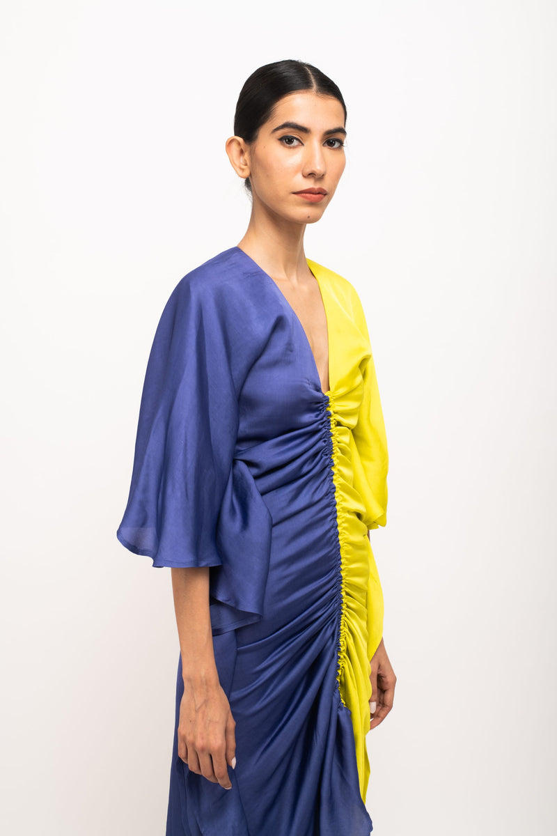 Neora by Nehal Chopra Bemberg Modal Silk Blue-Neon Kaftan Bodycon Dress