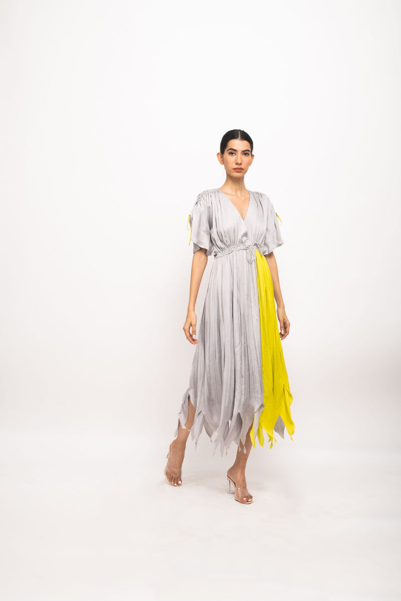 Neora by Nehal Chopra Bemberg Modal Silk Grey-Neon Angrakha Dress