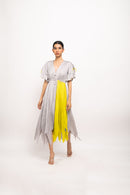 Neora by Nehal Chopra Bemberg Modal Silk Grey-Neon Angrakha Dress