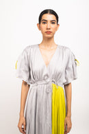 Neora by Nehal Chopra Bemberg Modal Silk Grey-Neon Angrakha Dress