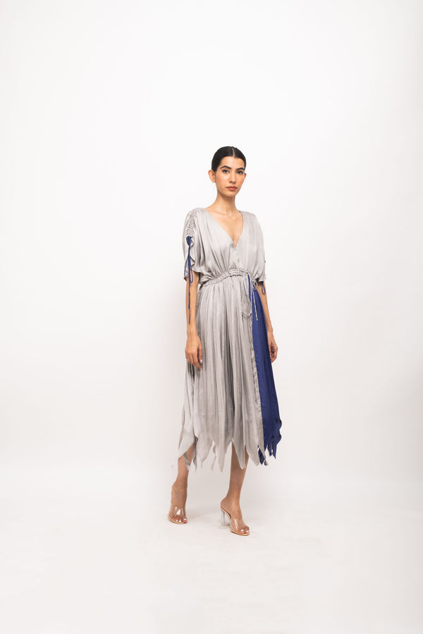 Neora by Nehal Chopra Bemberg Modal Silk Grey-Blue Angrakha Dress