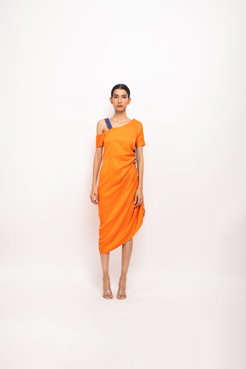 Neora by Nehal Chopra Bemberg Modal Silk Orange-Blue Rouching Dress