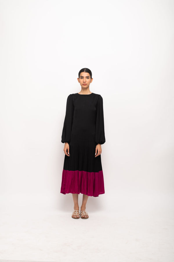 Neora by Nehal Chopra Bemberg Modal Silk Black-Wine Gather Maxi Dress