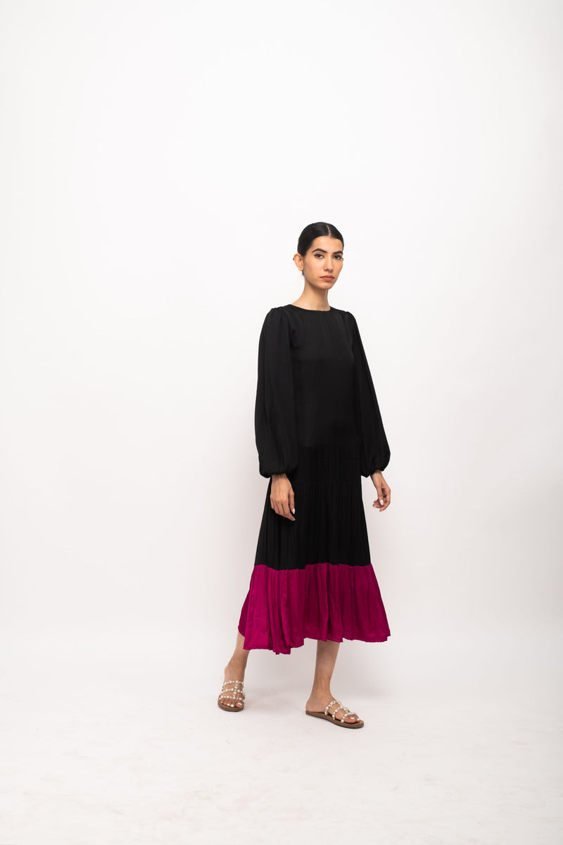 Neora by Nehal Chopra Bemberg Modal Silk Black-Wine Gather Maxi Dress