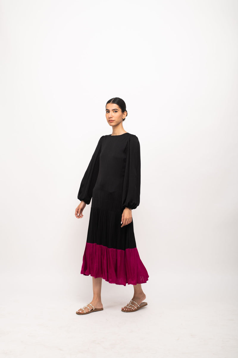 Neora by Nehal Chopra Bemberg Modal Silk Black-Wine Gather Maxi Dress