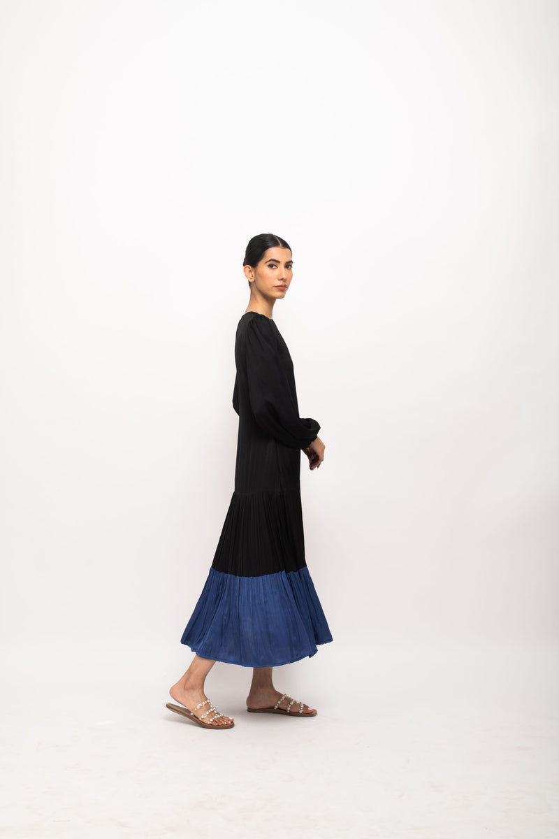 Neora by Nehal Chopra Bemberg Modal Silk Black-Blue Gather Maxi Dress