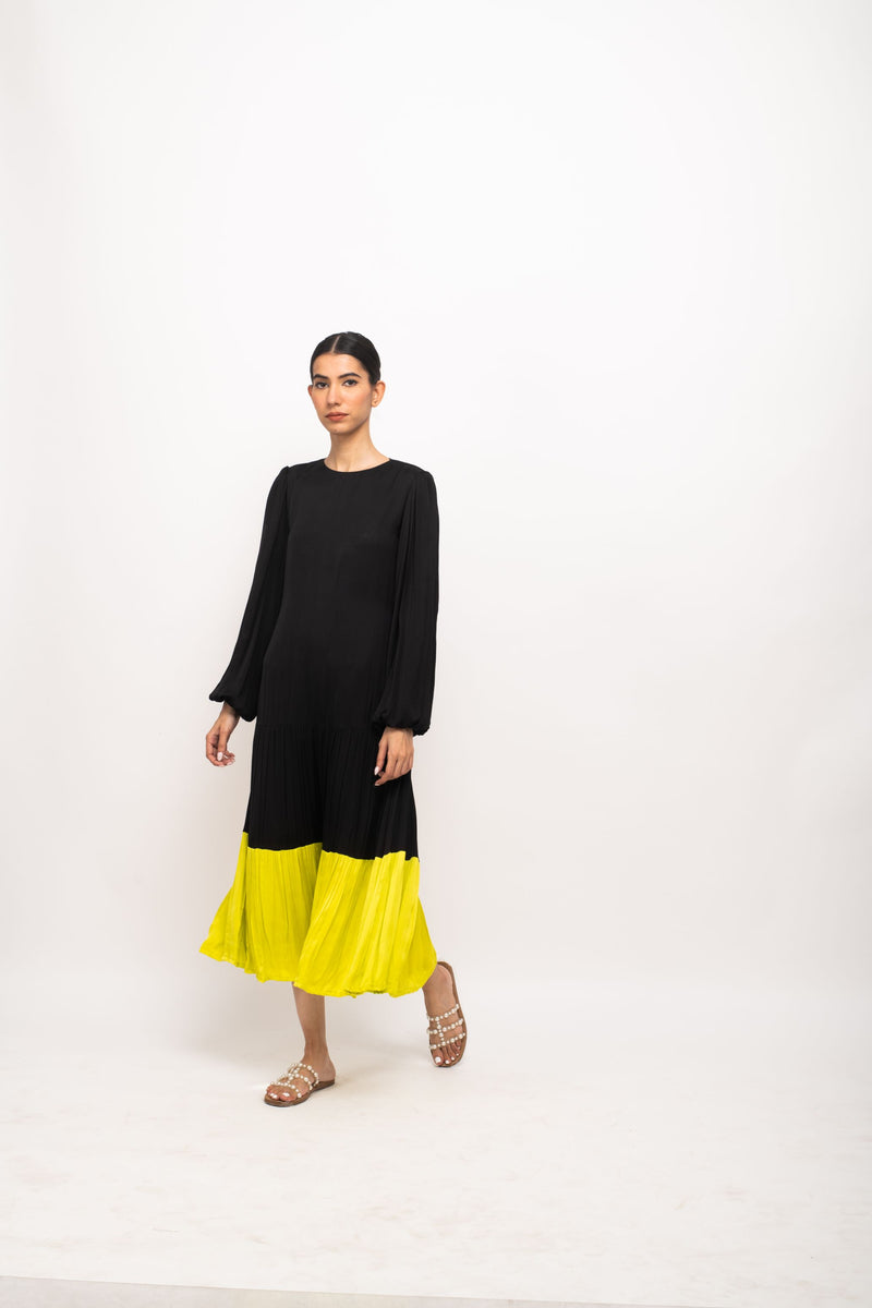 Neora by Nehal Chopra Bemberg Modal Silk Black-Neon Gather Maxi Dress