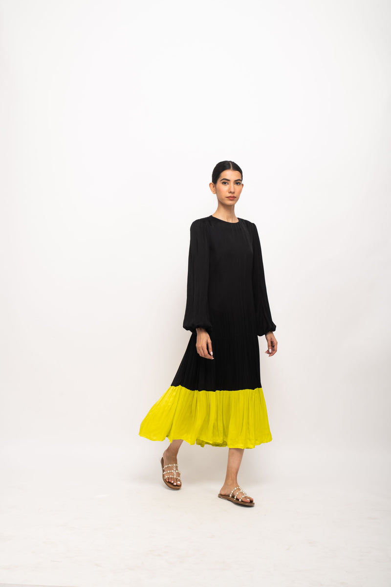 Neora by Nehal Chopra Bemberg Modal Silk Black-Neon Gather Maxi Dress