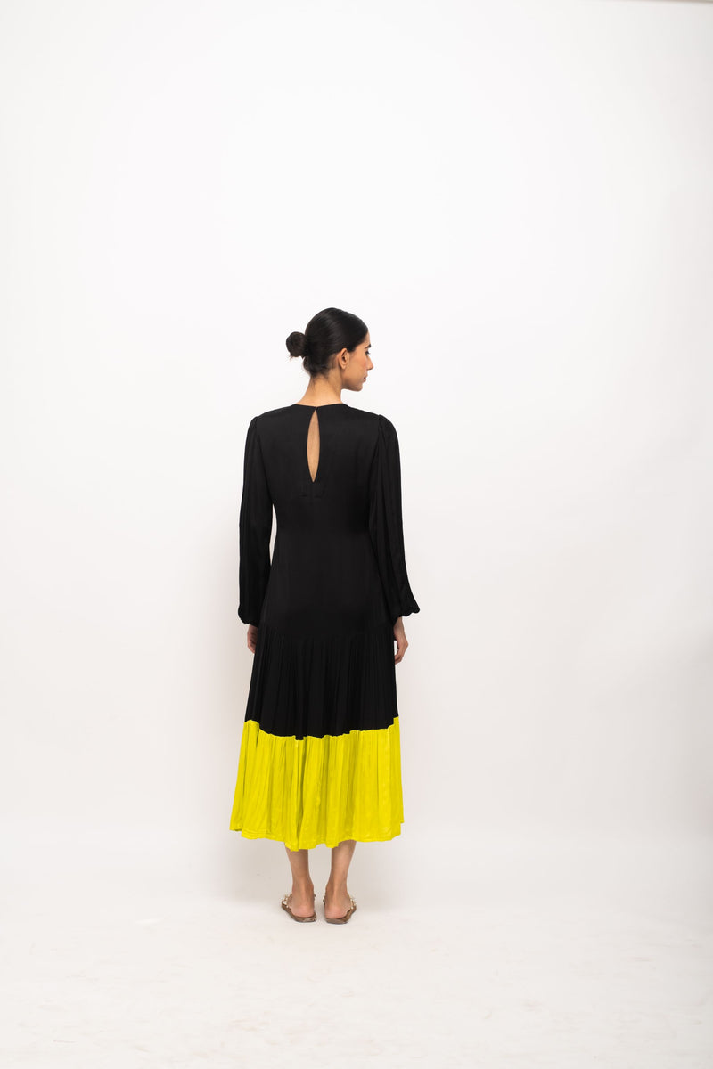 Neora by Nehal Chopra Bemberg Modal Silk Black-Neon Gather Maxi Dress