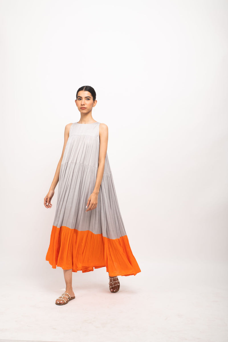 Neora by Nehal Chopra Bemberg Modal Silk Grey-Orange Halter Neck Dress