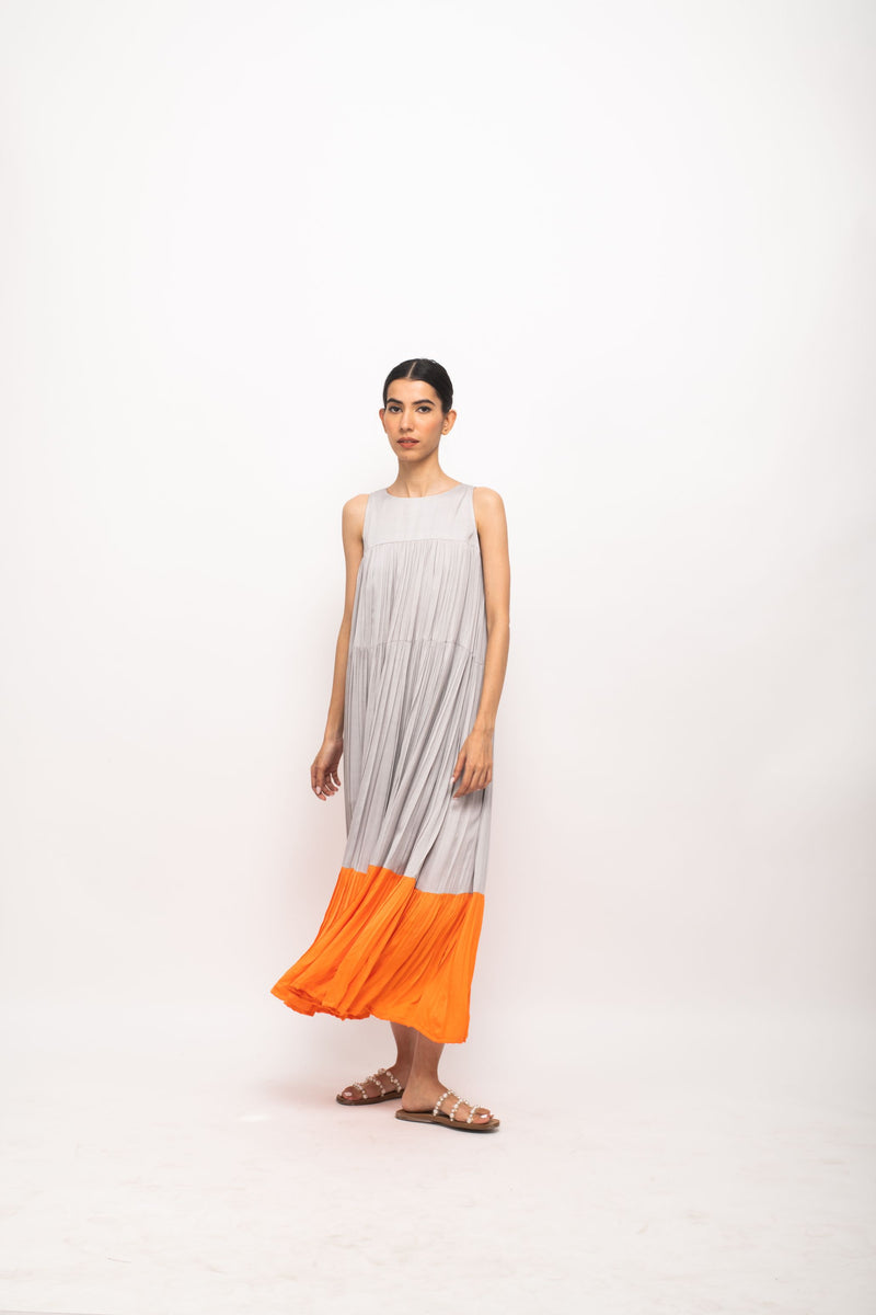 Neora by Nehal Chopra Bemberg Modal Silk Grey-Orange Halter Neck Dress
