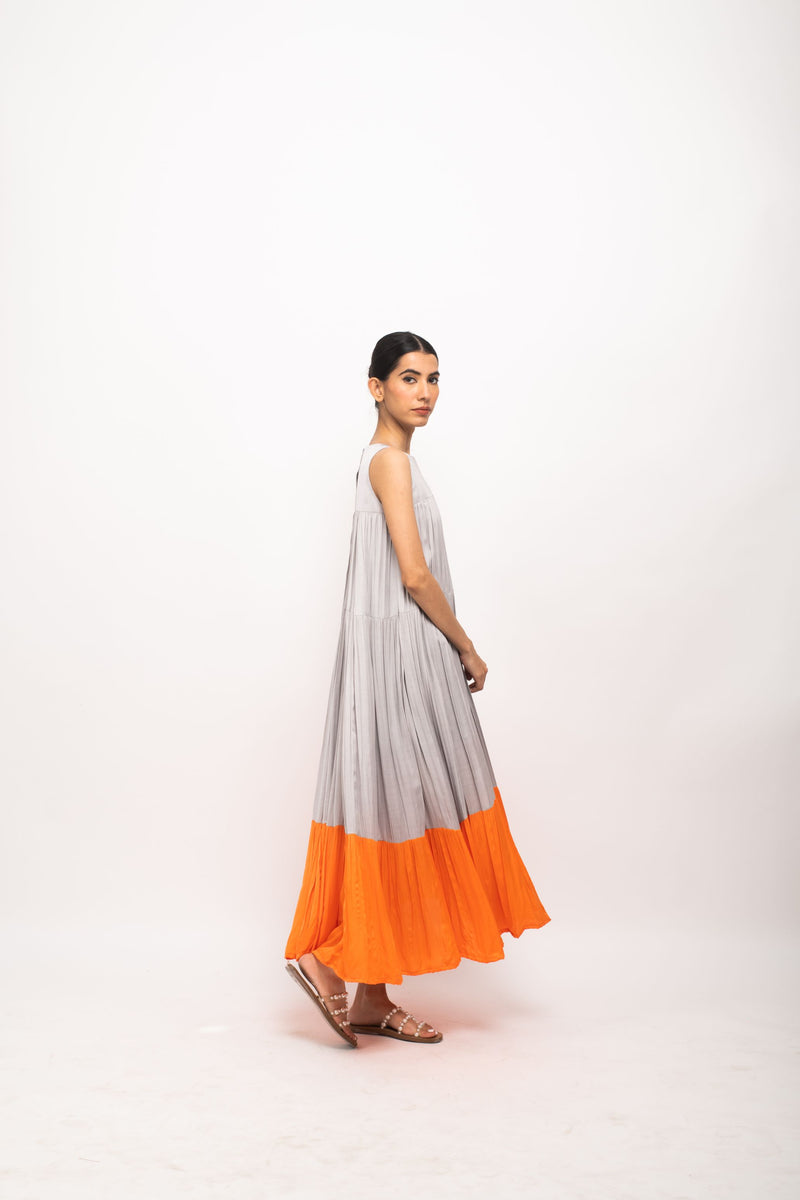 Neora by Nehal Chopra Bemberg Modal Silk Grey-Orange Halter Neck Dress