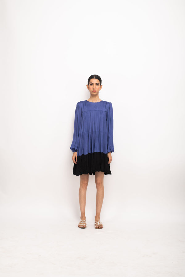 Neora by Nehal Chopra Bemberg Modal Silk Blue-Black Gather Short Dress