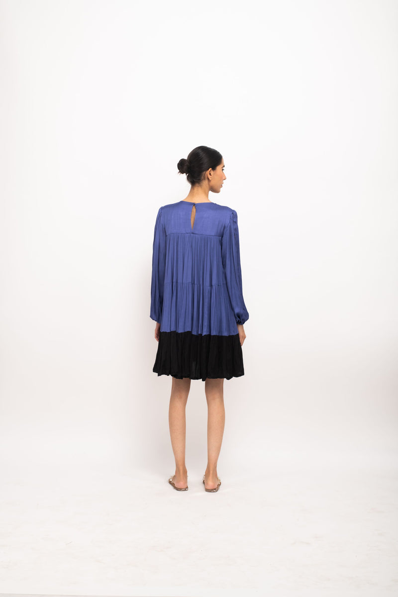 Neora by Nehal Chopra Bemberg Modal Silk Blue-Black Gather Short Dress