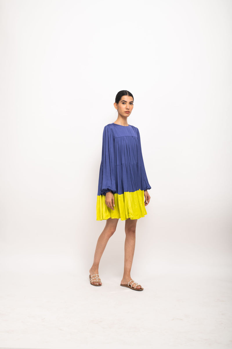 Neora by Nehal Chopra Bemberg Modal Silk Blue-Neon Gather Short Dress