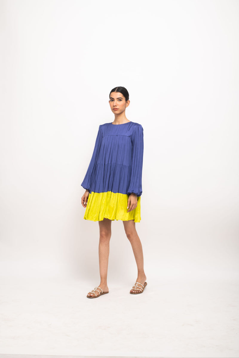 Neora by Nehal Chopra Bemberg Modal Silk Blue-Neon Gather Short Dress